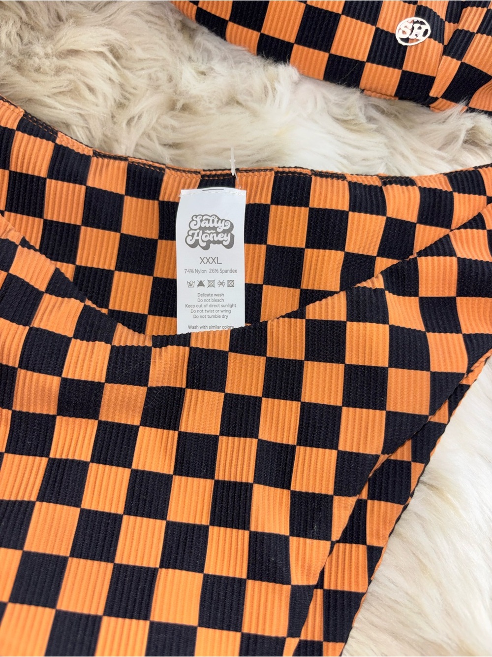 Checkerboard High-Cut Bikini Set in Black and Orange xxl top xxxl bottom NWOT - Picture 3 of 5